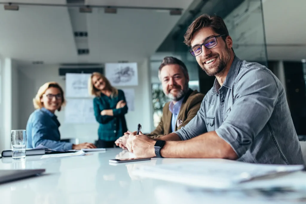 group of businesspeople during presentation